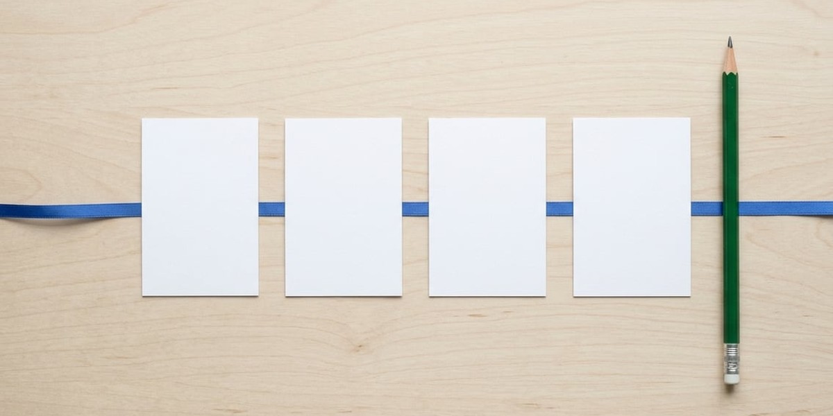 Four blank white cards in a row on a pale wooden desk, joined by a cobalt ribbon, with a green pencil beside them