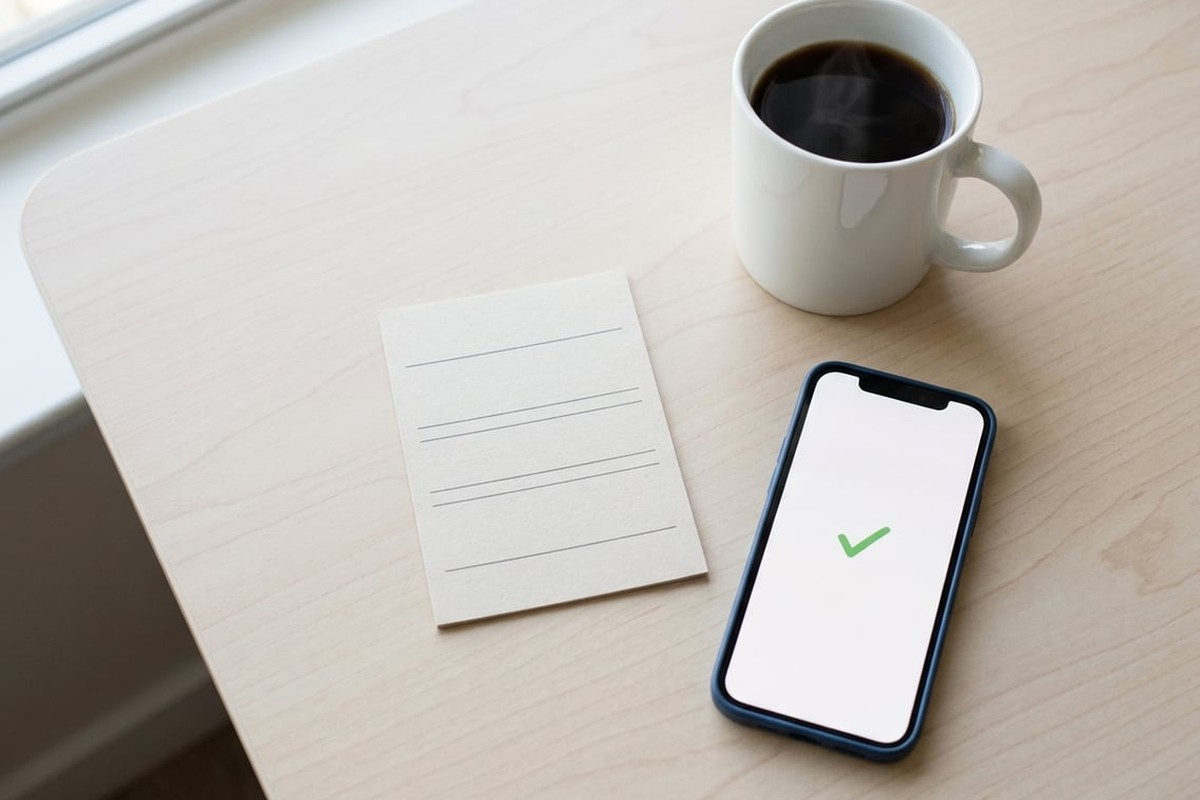 Printed paper betting slip with blank rows on a desk beside a phone showing a green tick and a cup of coffee