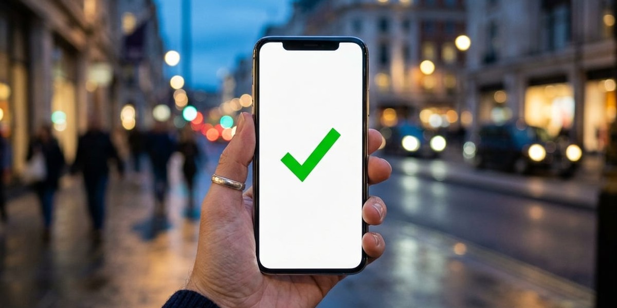 Hand holding a phone showing a green tick over a blurred city street at dusk, with cobalt blue tones